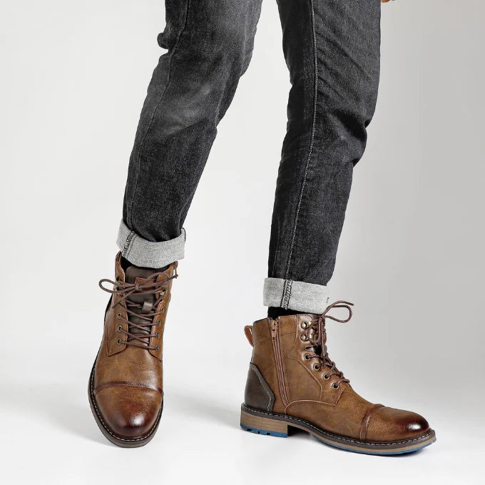 Men's brown leather lace-up work boots with cap toe