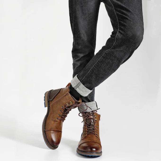 Men's brown leather lace-up work boots with cap toe