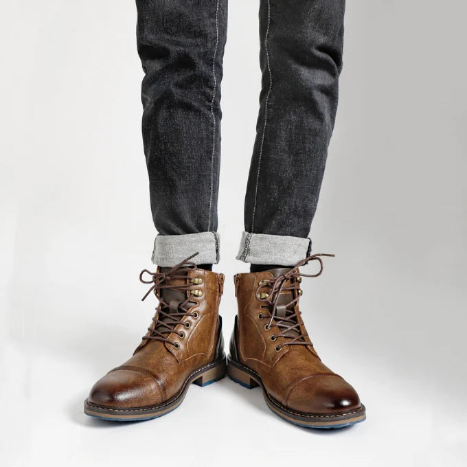 Men's brown leather lace-up work boots with cap toe