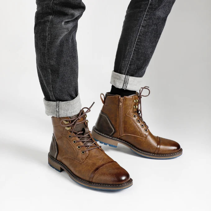 Men's brown leather lace-up work boots with cap toe