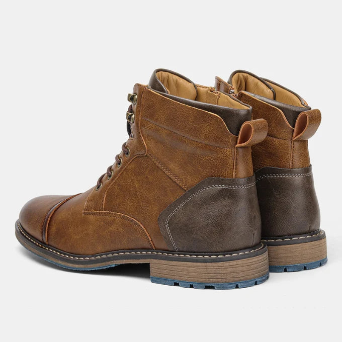 Men's brown leather lace-up work boots with cap toe