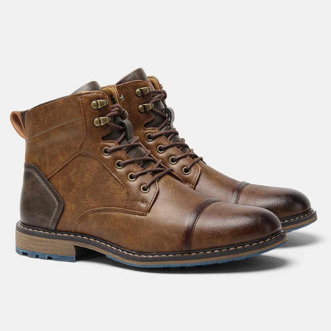 Men's brown leather lace-up work boots with cap toe