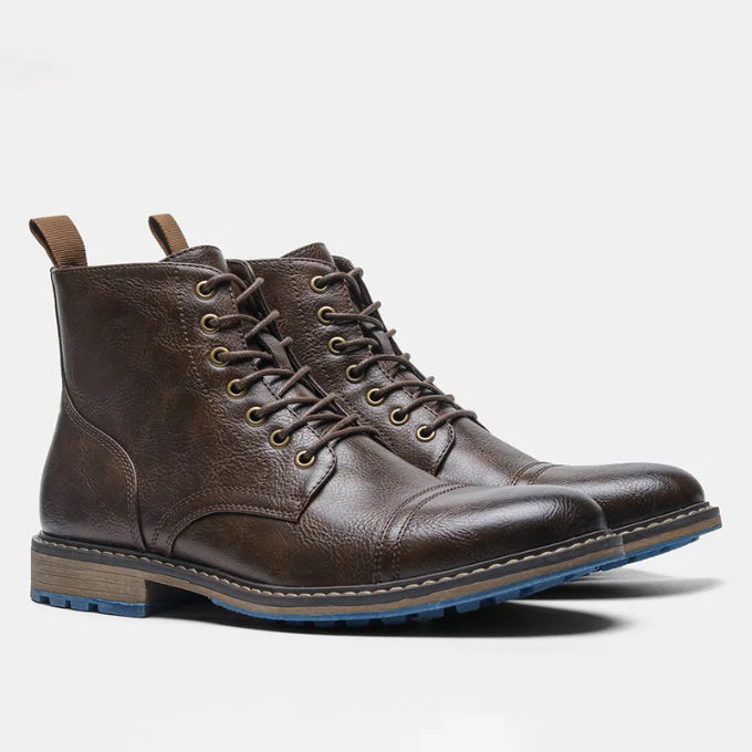 Men's dark brown leather lace-up work boots with cap toe