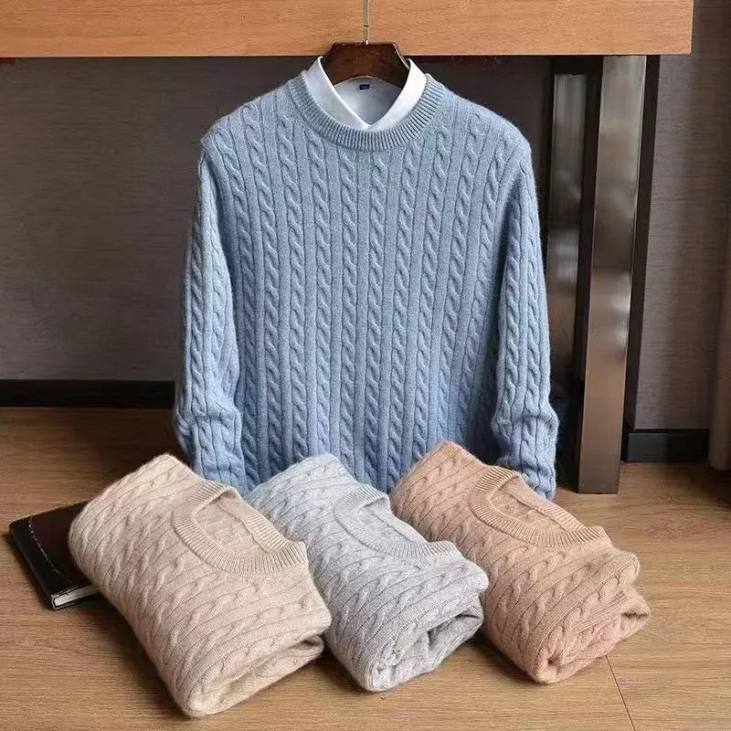 Men's Cable Knit Crew Sweater in Blue