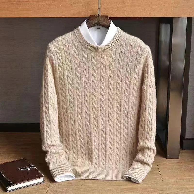 Men's Cable Knit Crew Sweater in Khaki