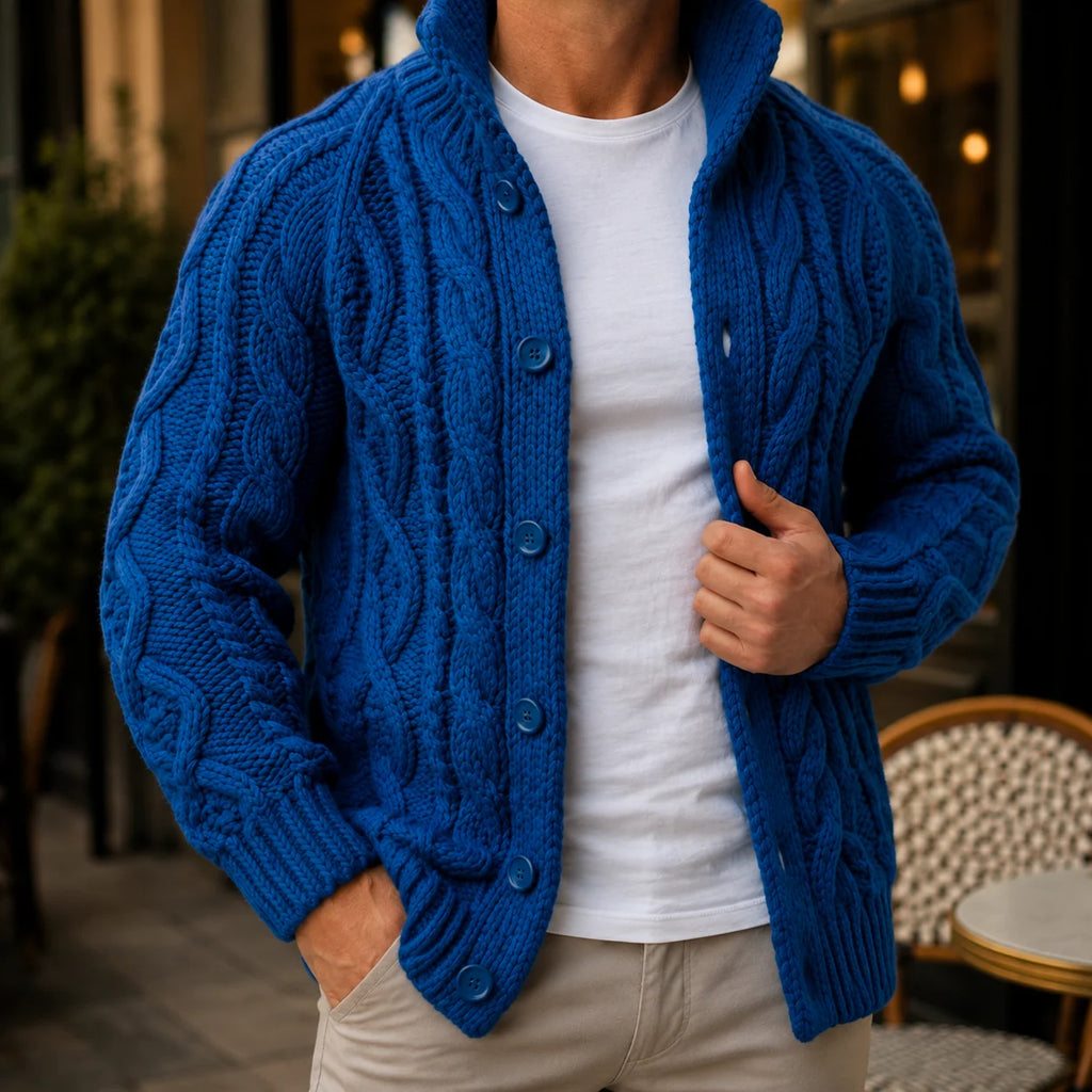 Men's cable knit cardigan in navy with shawl collar