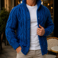 Men's cable knit cardigan in navy with shawl collar