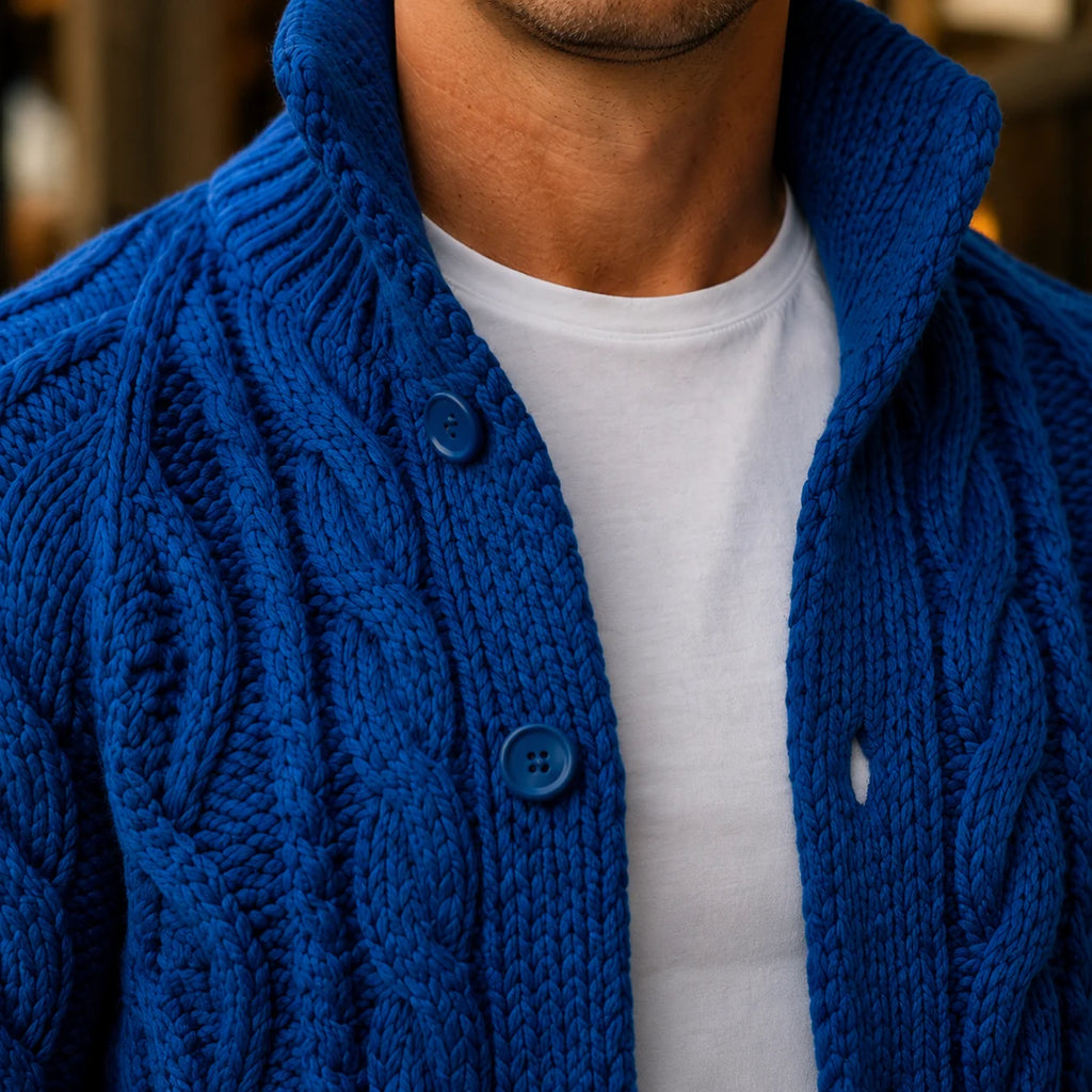 Men's cable knit cardigan in gray with shawl collar