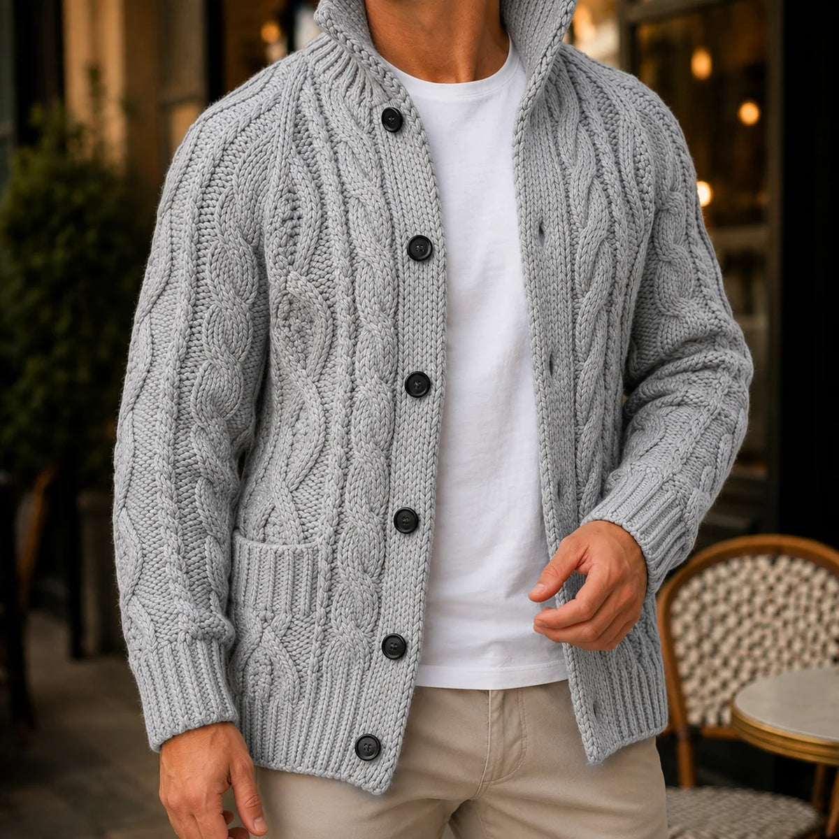 Men's cable knit cardigan in black with shawl collar
