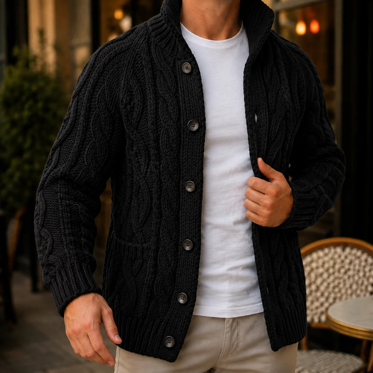 Men's cable knit cardigan in red with shawl collar