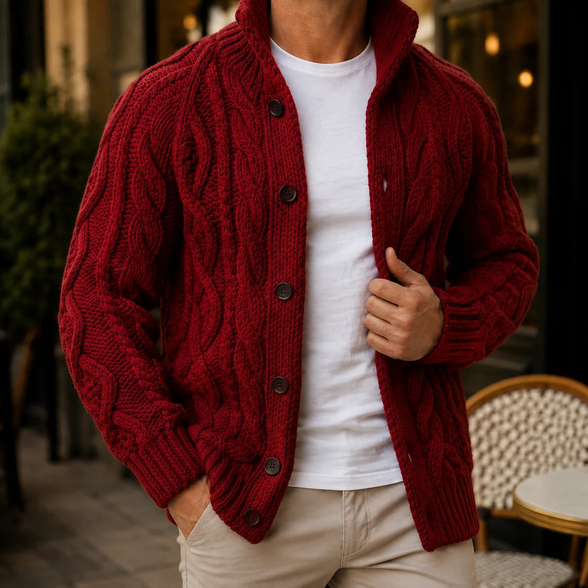 Men's cable knit cardigan in light brown with shawl collar