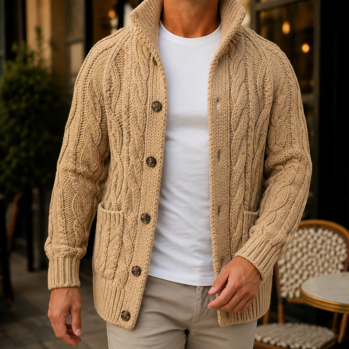 Men's cable knit cardigan in beige with shawl collar