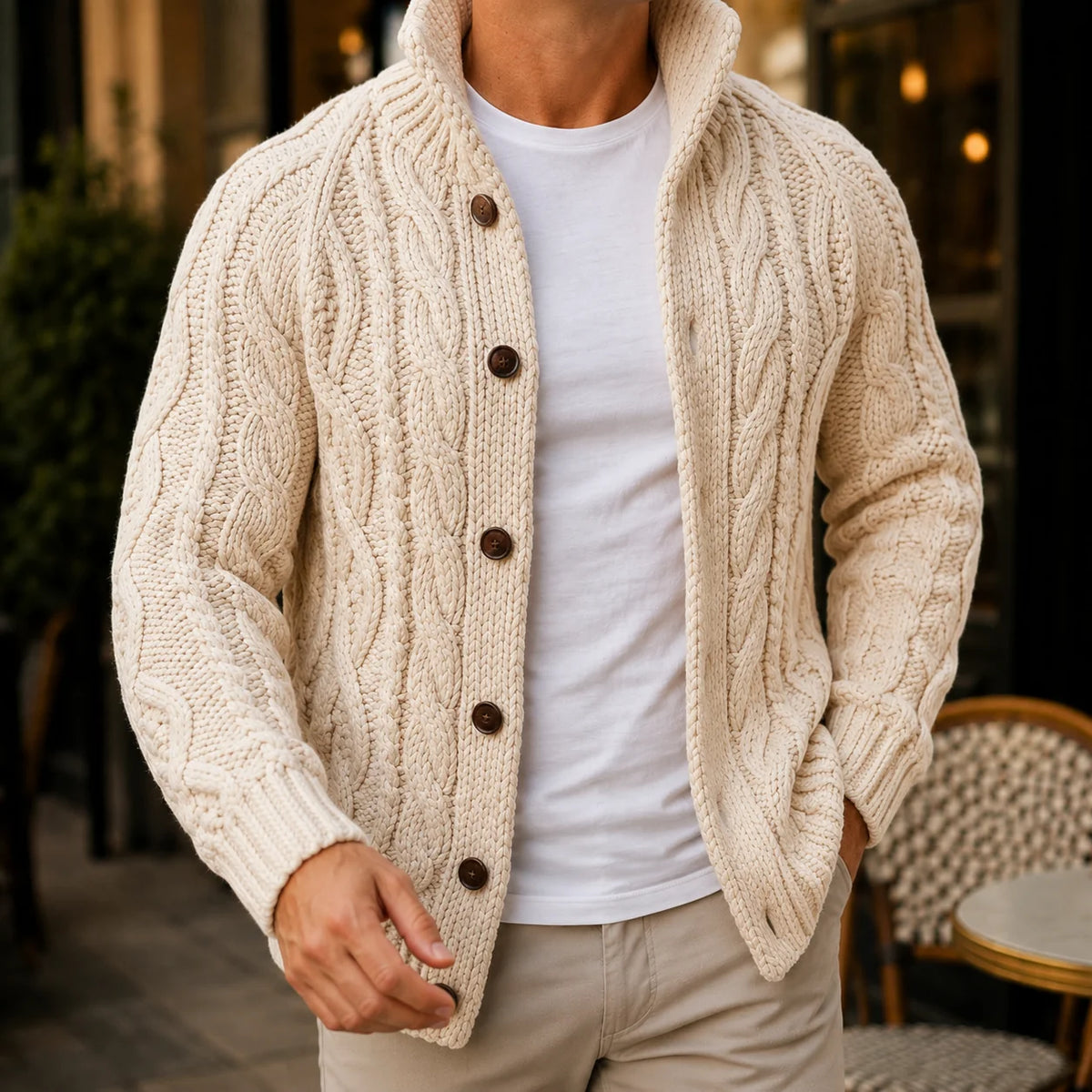 Close-up of the button-front closure on the men's cardigan