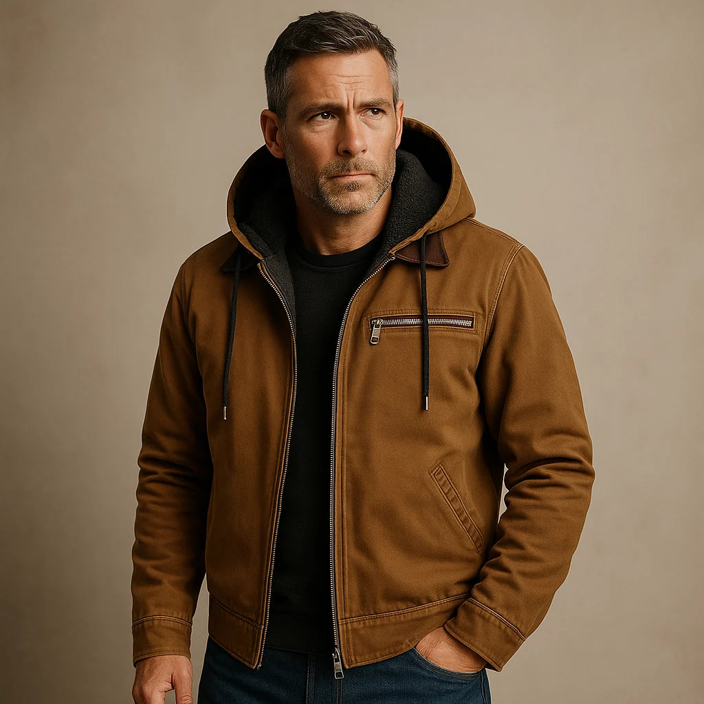 Men's Hooded Canvas Trucker Jacket in Brown