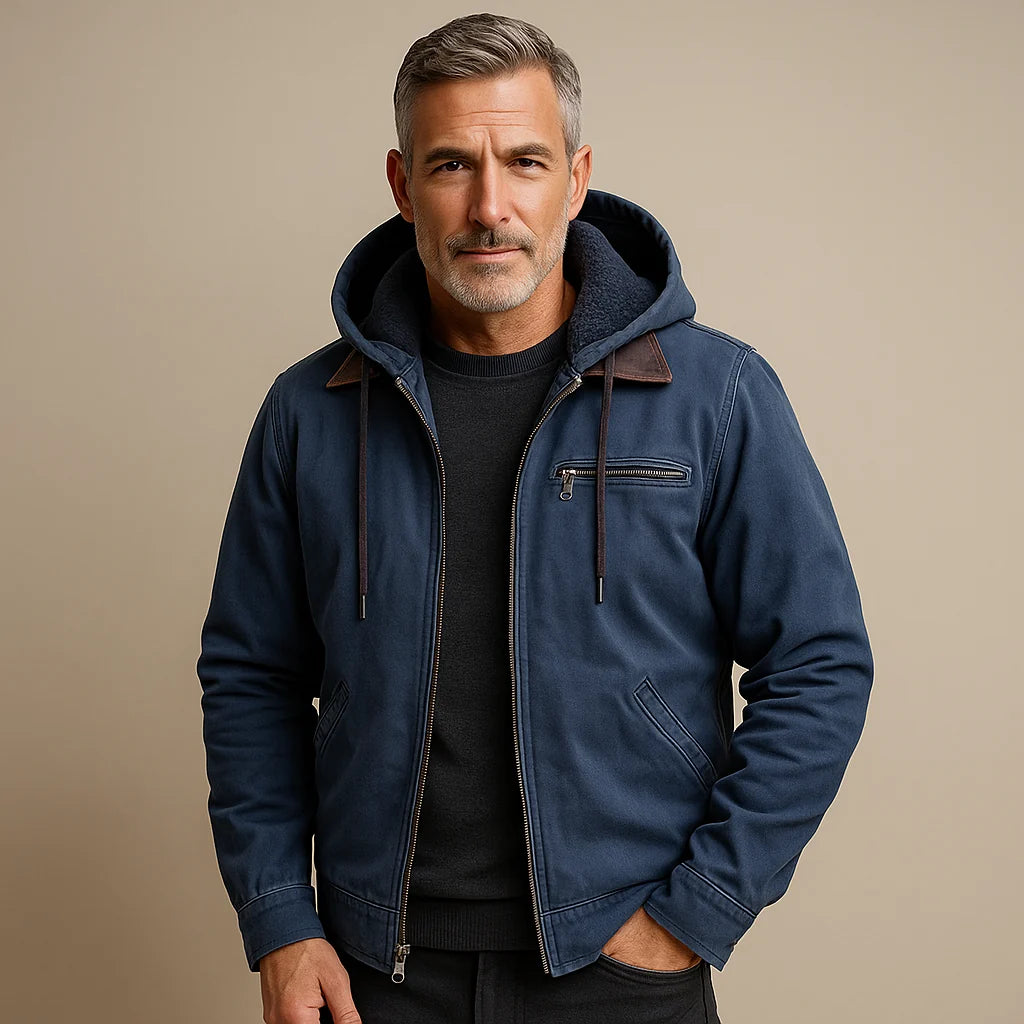 Men's Hooded Canvas Trucker Jacket in Blue