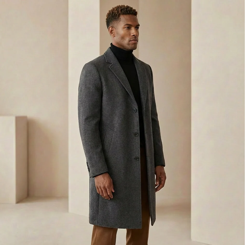 Close-up of the back vent on the men's overcoat