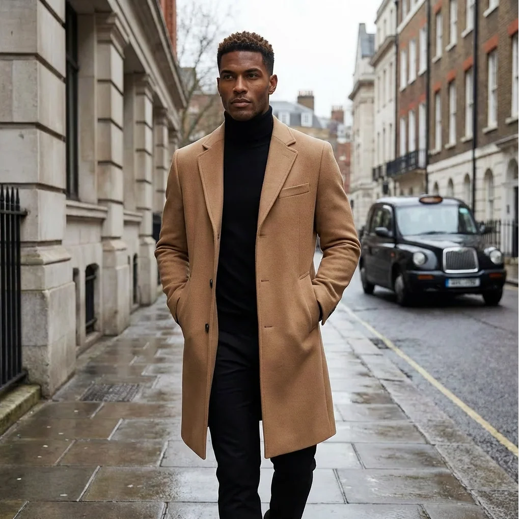 Men's single-breasted overcoat styled on model