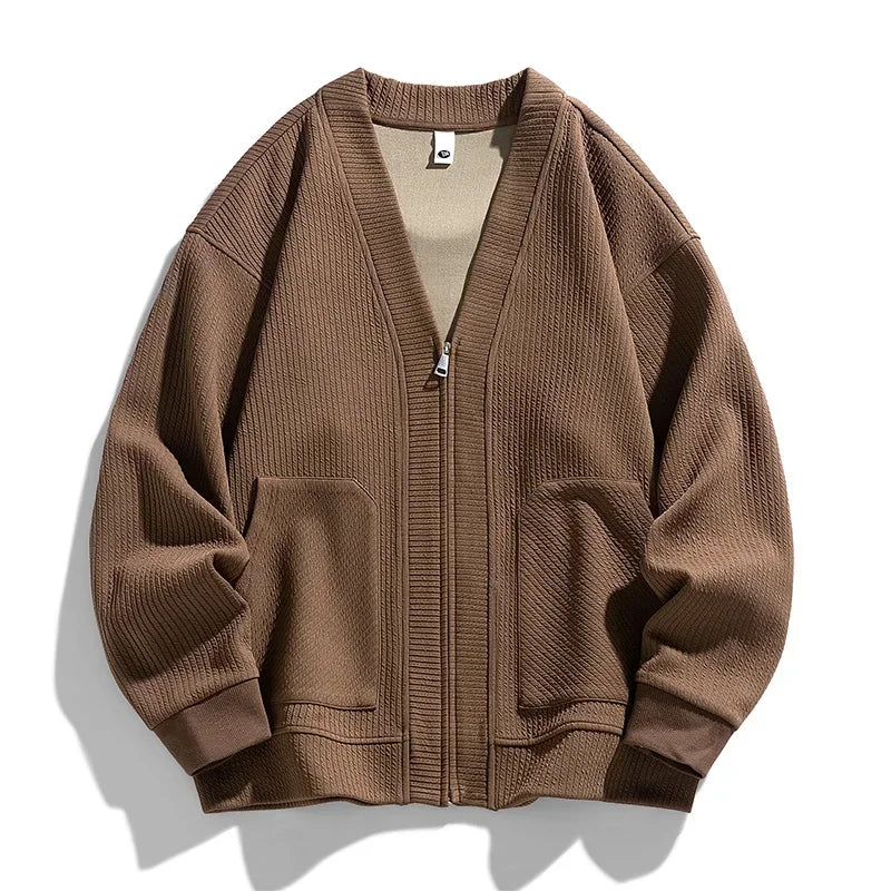 Men's V-Neck Full-Zip Cardigan in Brown