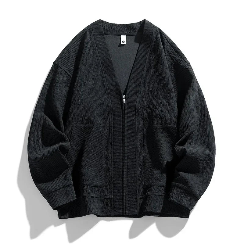 Men's V-Neck Full-Zip Cardigan in Black
