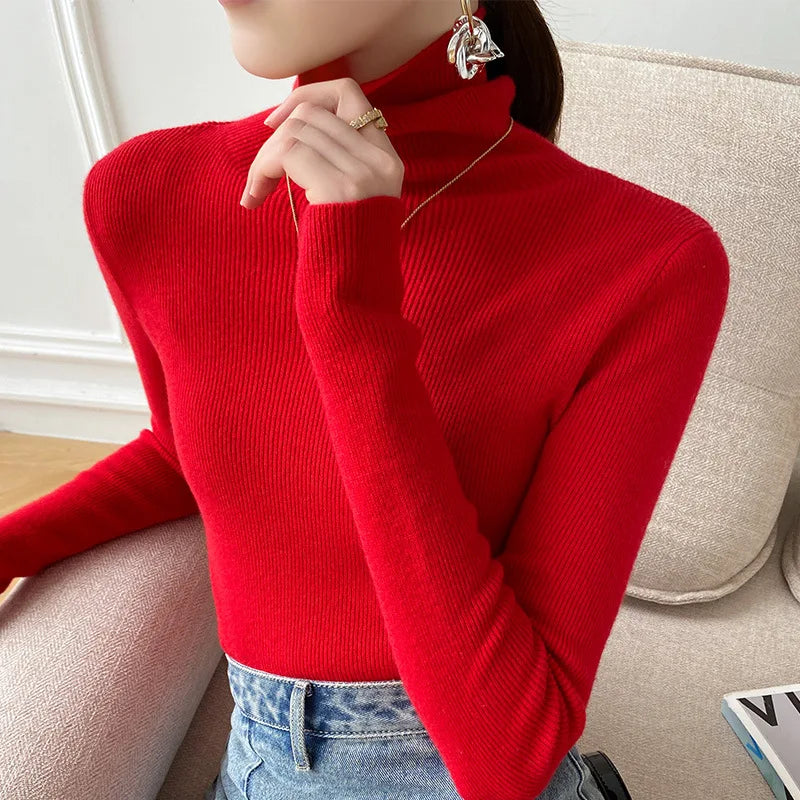 Women's red ribbed cashmere turtleneck sweater