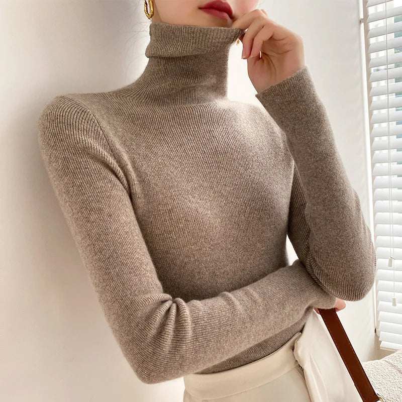 Women's brown ribbed cashmere turtleneck sweater