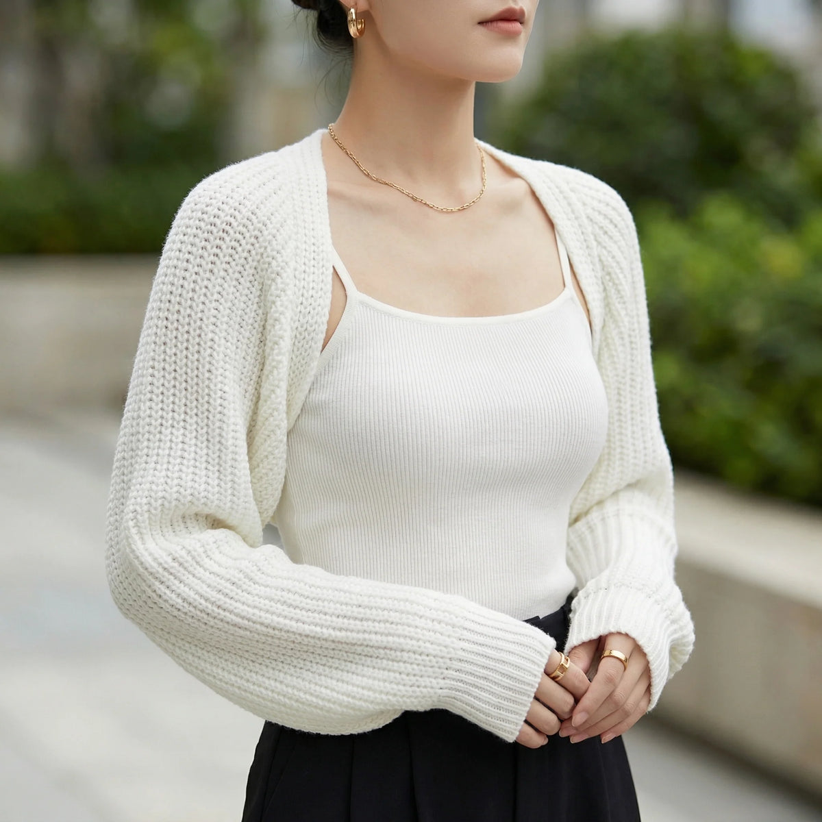 Women's Ribbed Knit Sweater Shrug in White