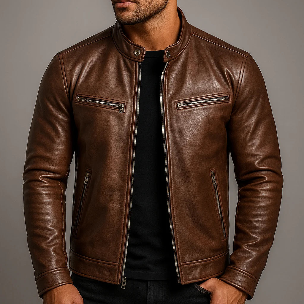 Men's Structured Leather Moto Jacket in Brown