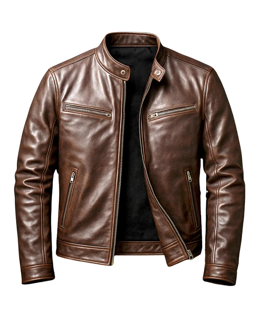 Men's Structured Leather Moto Jacket – Detail View