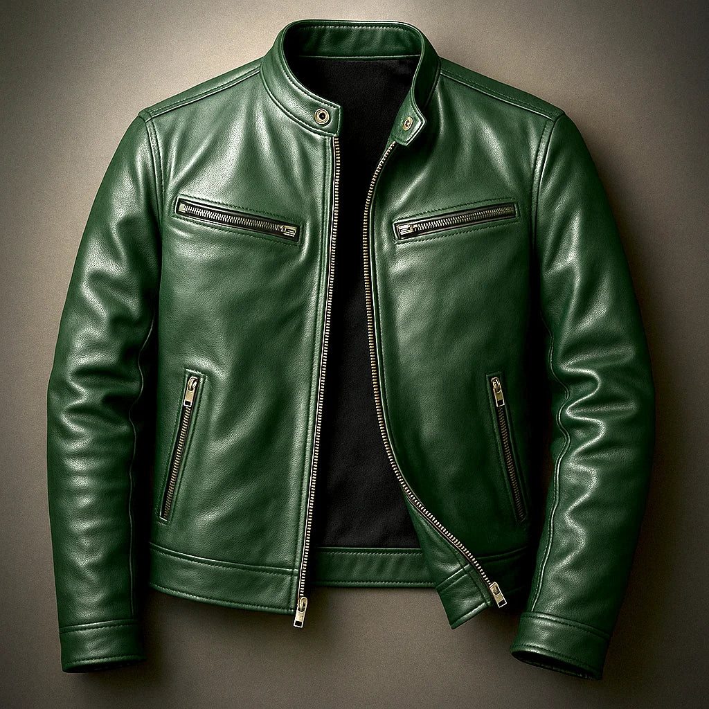 Men's Structured Leather Moto Jacket – Detail View