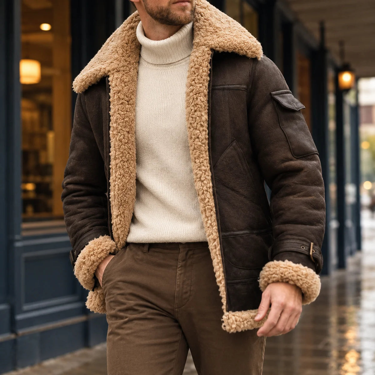 Men's faux shearling aviator jacket in black with oversized collar