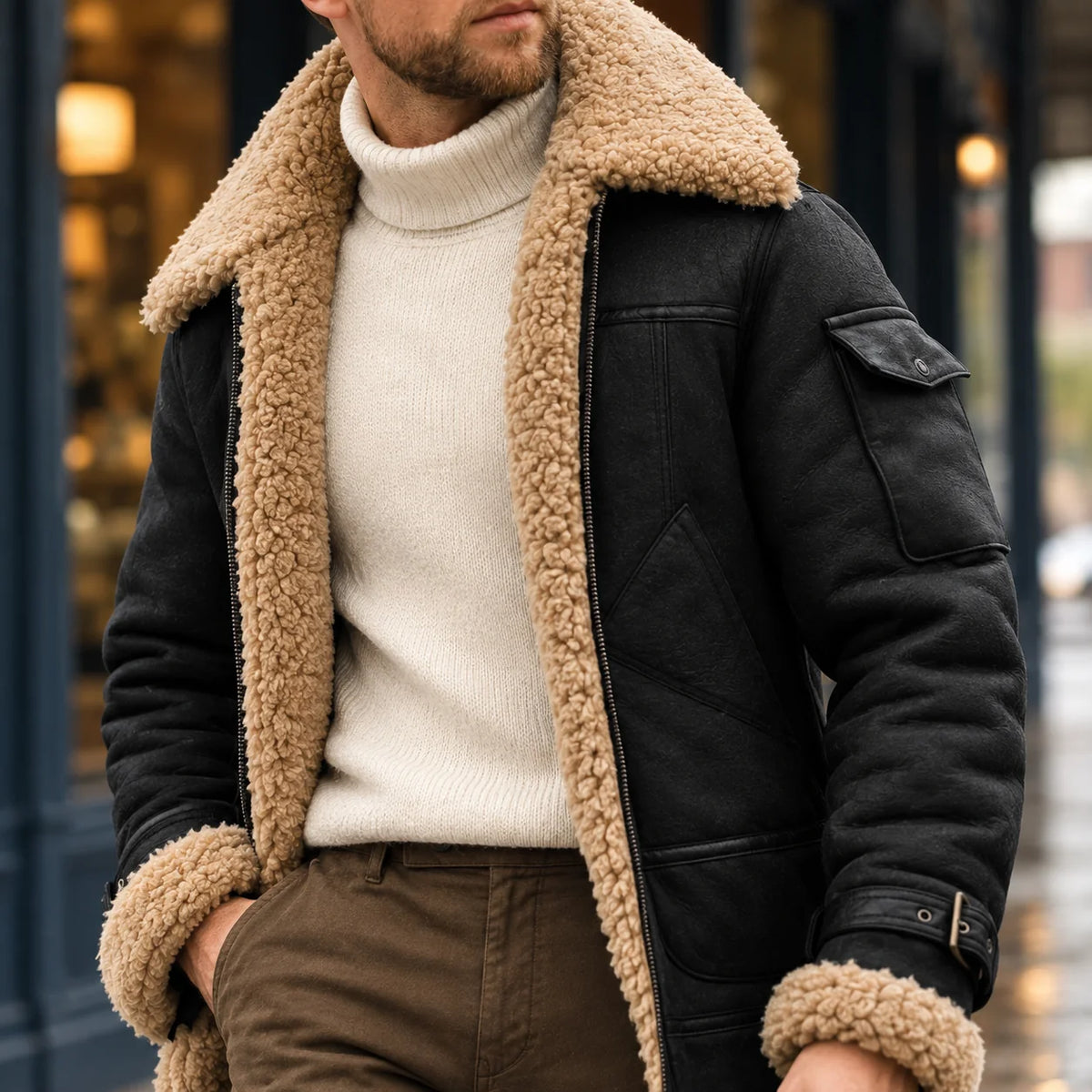 Men's faux shearling aviator jacket in brick red with oversized collar