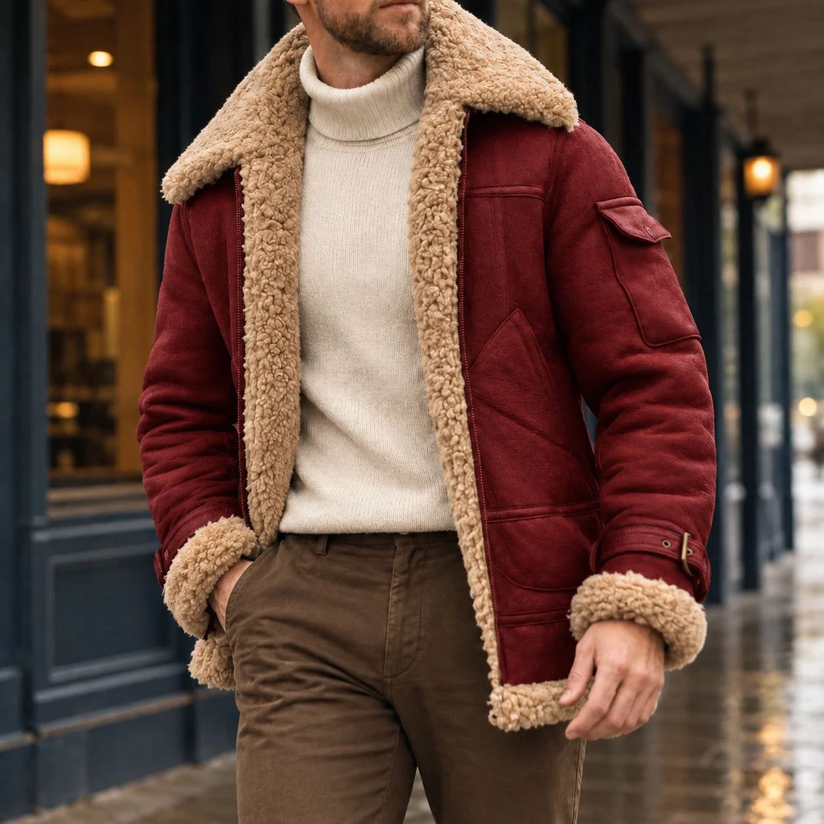 Men's faux shearling aviator jacket in coffee brown with oversized collar