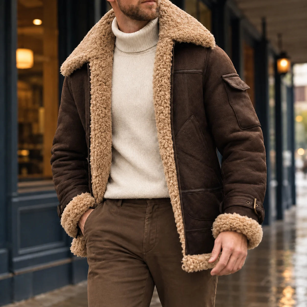 Men's faux shearling aviator jacket in ginger yellow with oversized collar