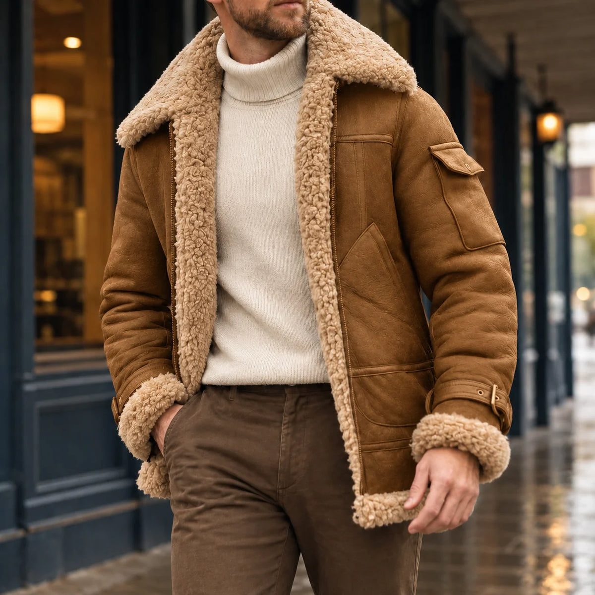 Close-up of the faux-fur lining and oversized collar on the men's aviator jacket