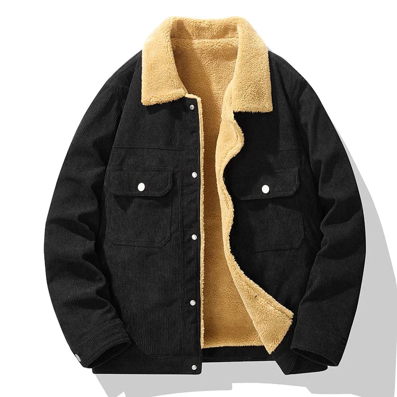 Men's black corduroy trucker jacket with shearling collar
