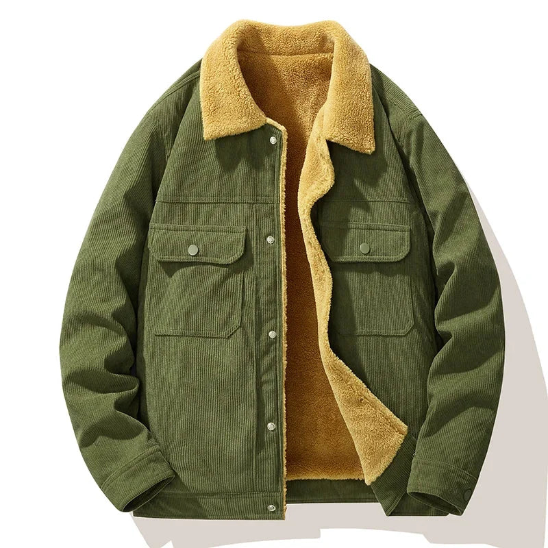 Men's green corduroy trucker jacket with shearling collar