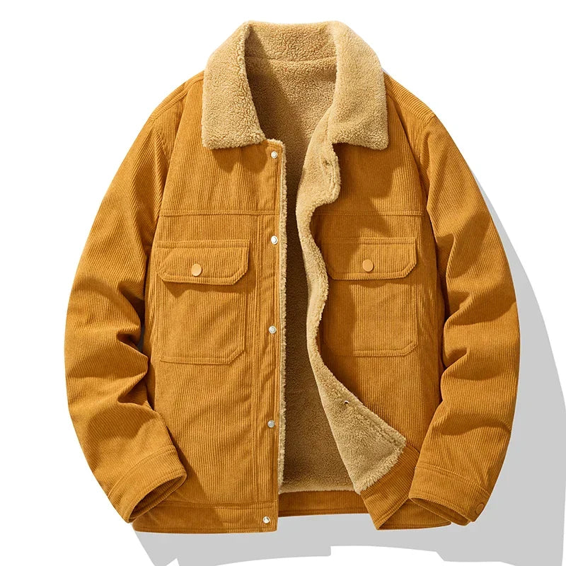 Men's amber corduroy trucker jacket with shearling collar