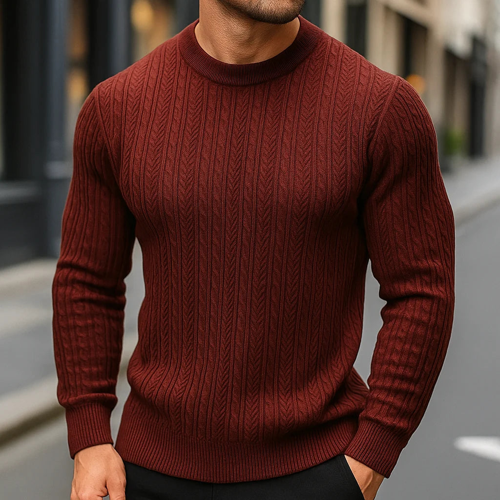 Men's Cable Knit Wool Sweater in Spice Red