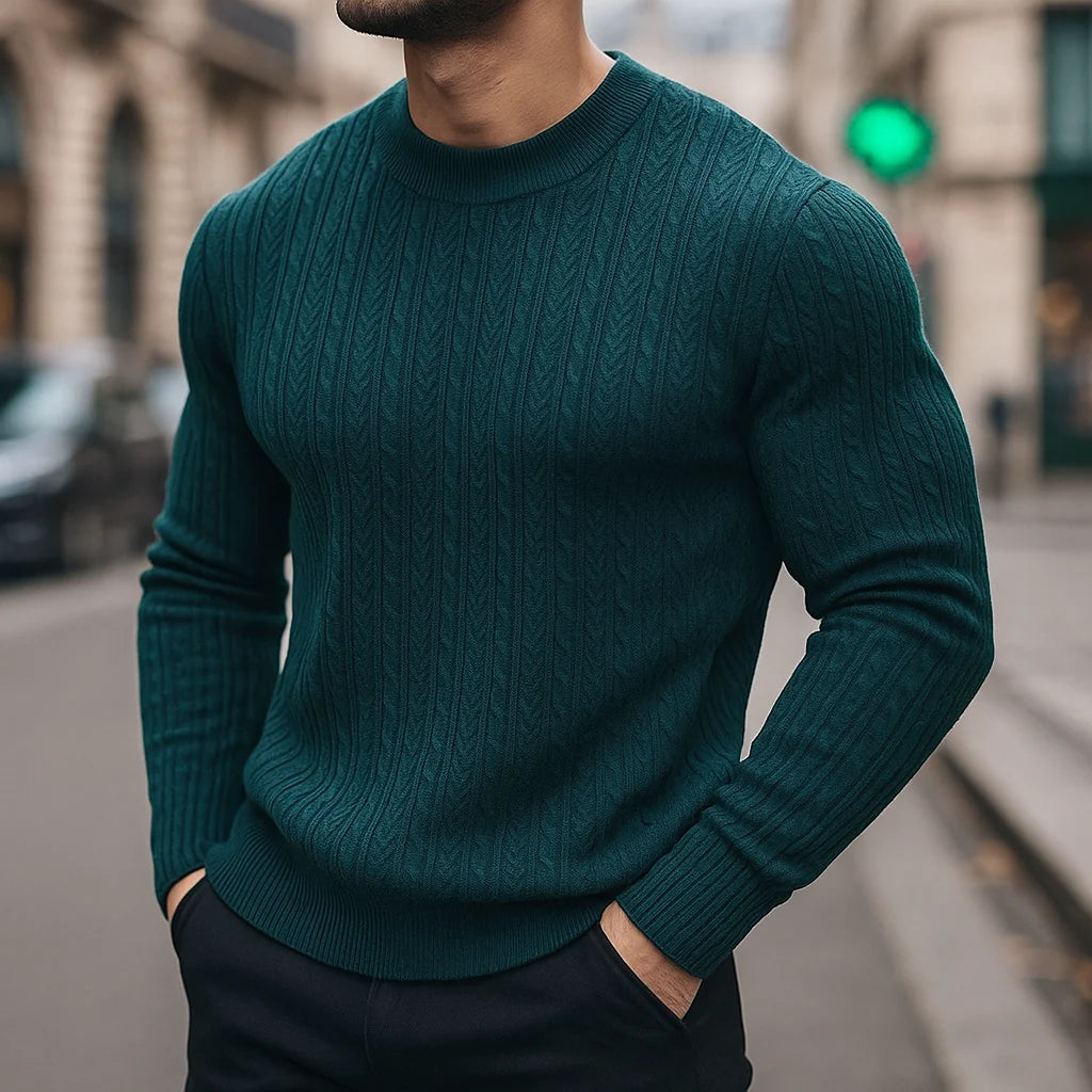 Men's Cable Knit Wool Sweater in Peacock Green