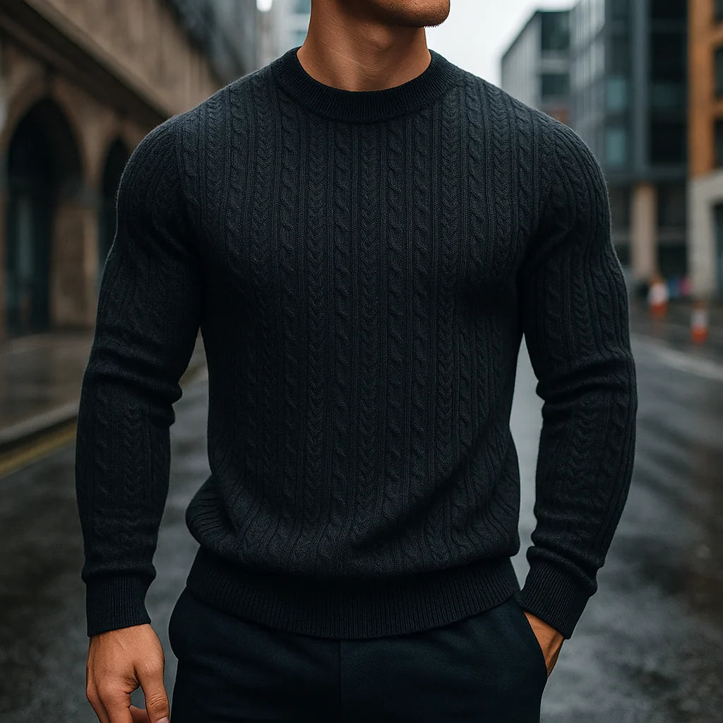 Men's Cable Knit Wool Sweater in Dark Gray