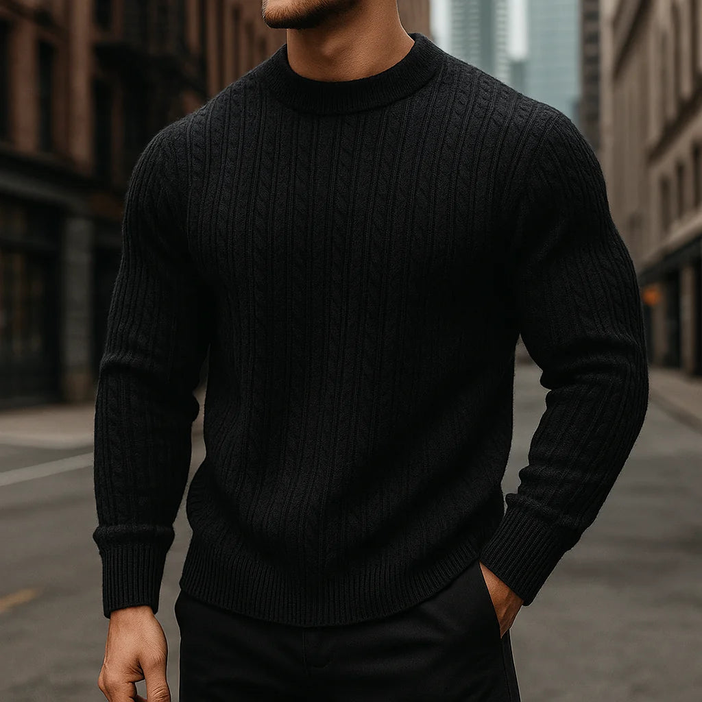 Men's Cable Knit Wool Sweater in Black