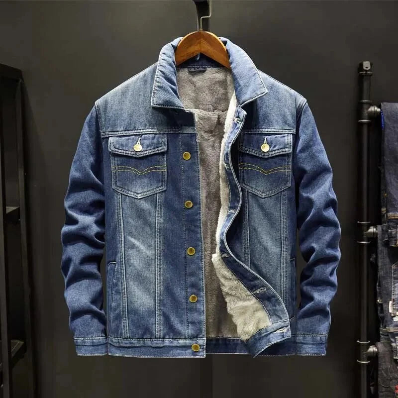 Men's Sherpa-Lined Denim Jacket in Dark Blue
