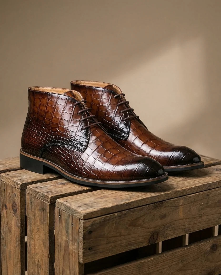 Close-up of the croc-embossed leather texture on the brown Chukka boots