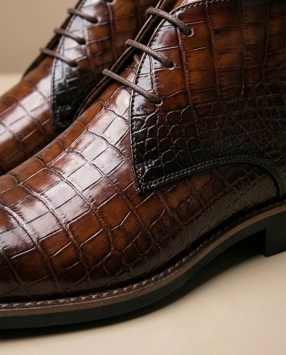 Men's croc-embossed leather Chukka boots in black