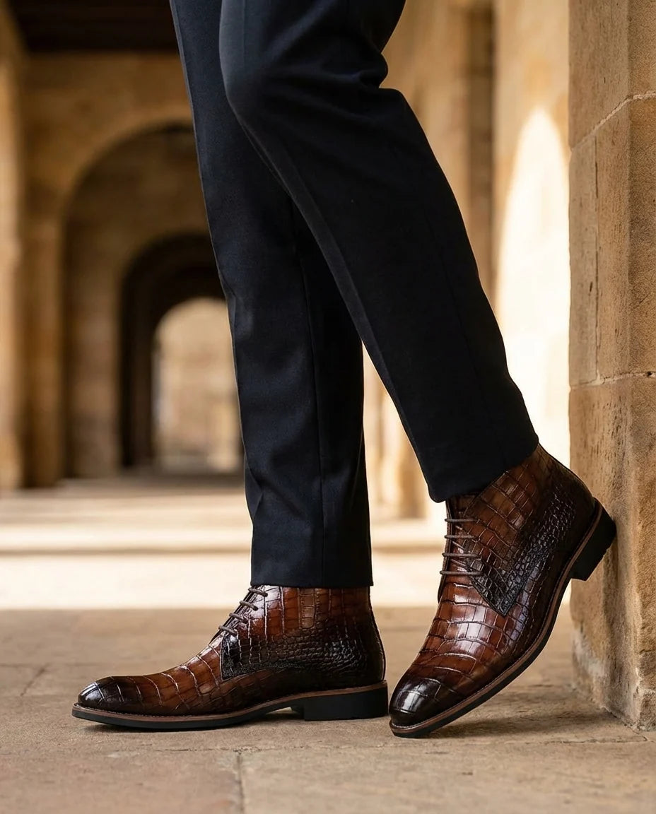 Close-up of the croc-embossed leather texture on the black Chukka boots