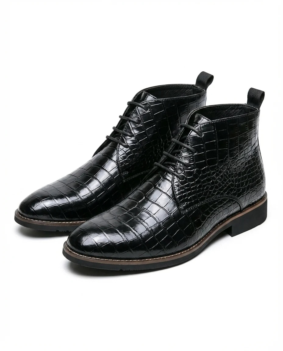 Men's croc-embossed leather Chukka boots styled on foot