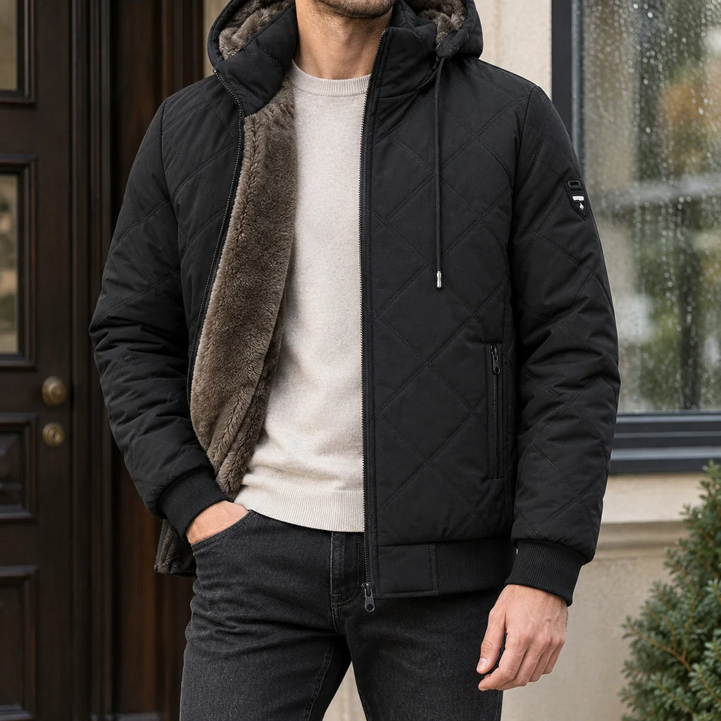 Men's diamond-quilted hooded jacket in black with faux-fur lining