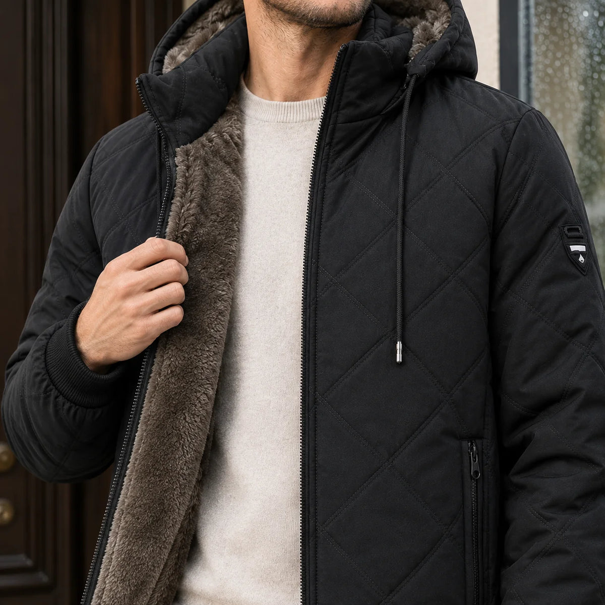 Men's diamond-quilted hooded jacket in gray with faux-fur lining