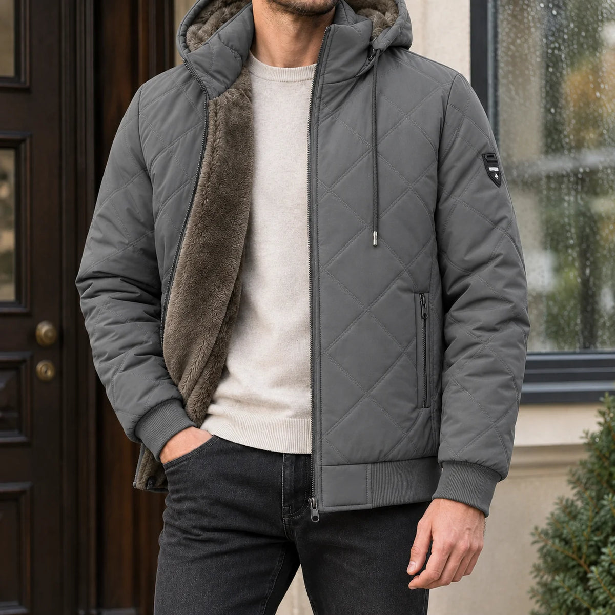 Men's diamond-quilted hooded jacket in military green with faux-fur lining