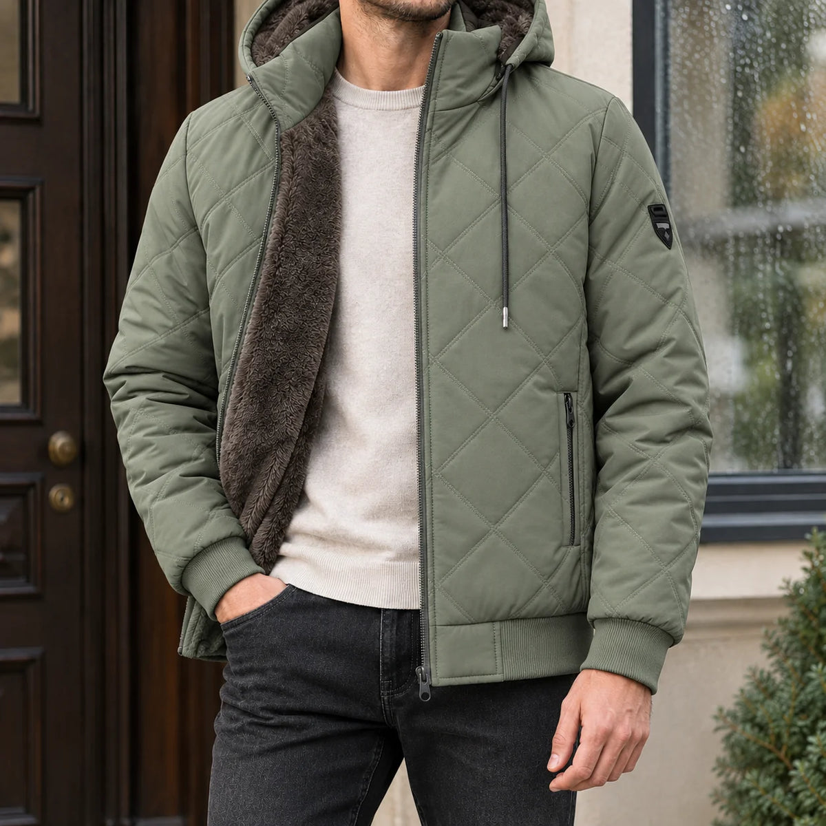 Men's diamond-quilted hooded jacket in blue with faux-fur lining